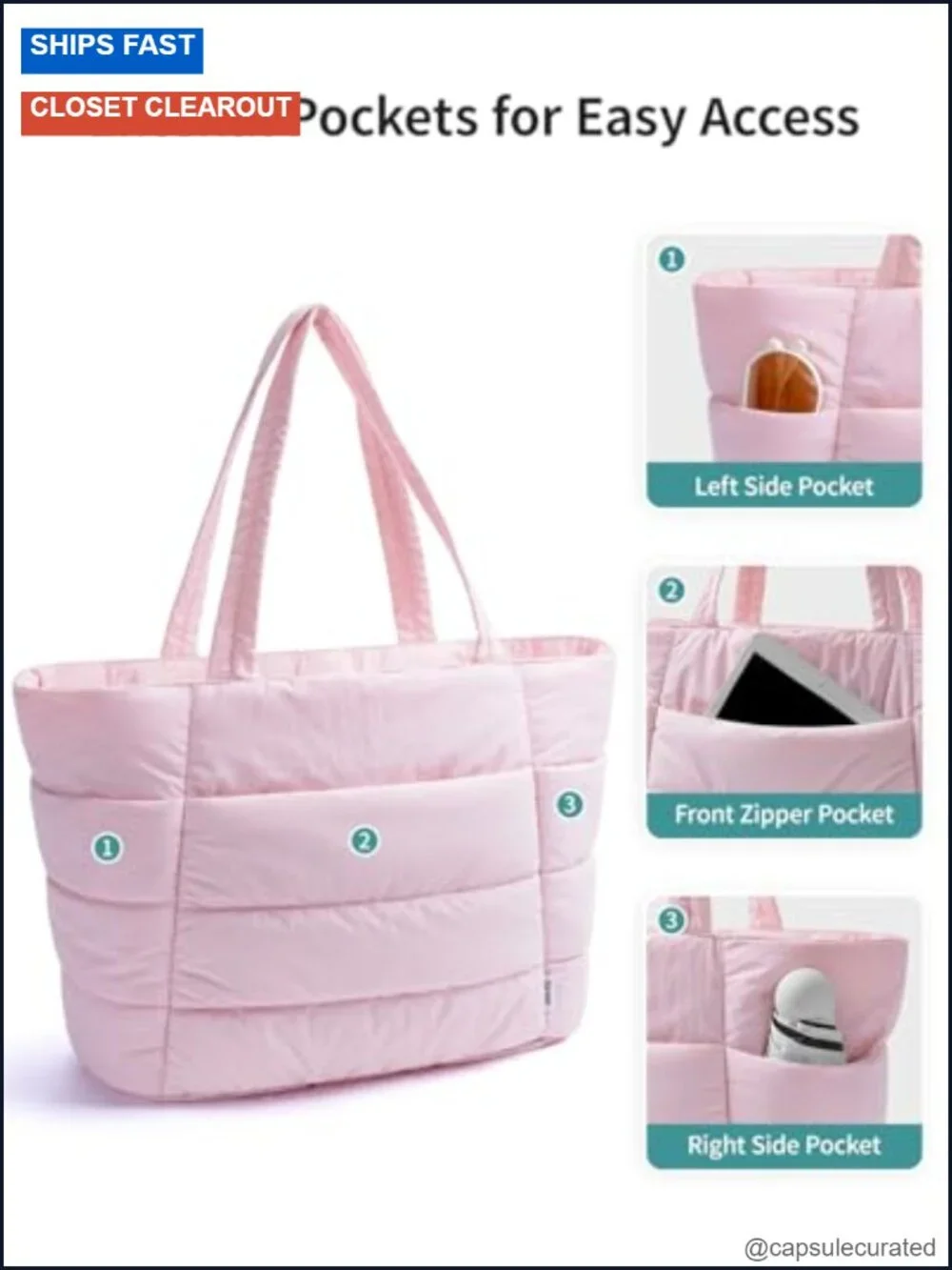 Nylon Quilted Puffer Tote Bag Work Nurse Teacher Travel Gym Tote